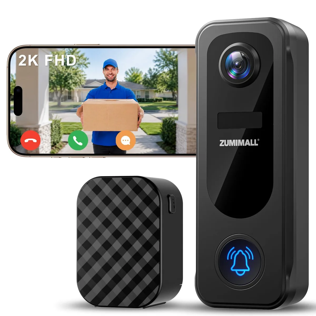 White rectangular wireless doorbell camera with chime unit, matte finish, battery powered