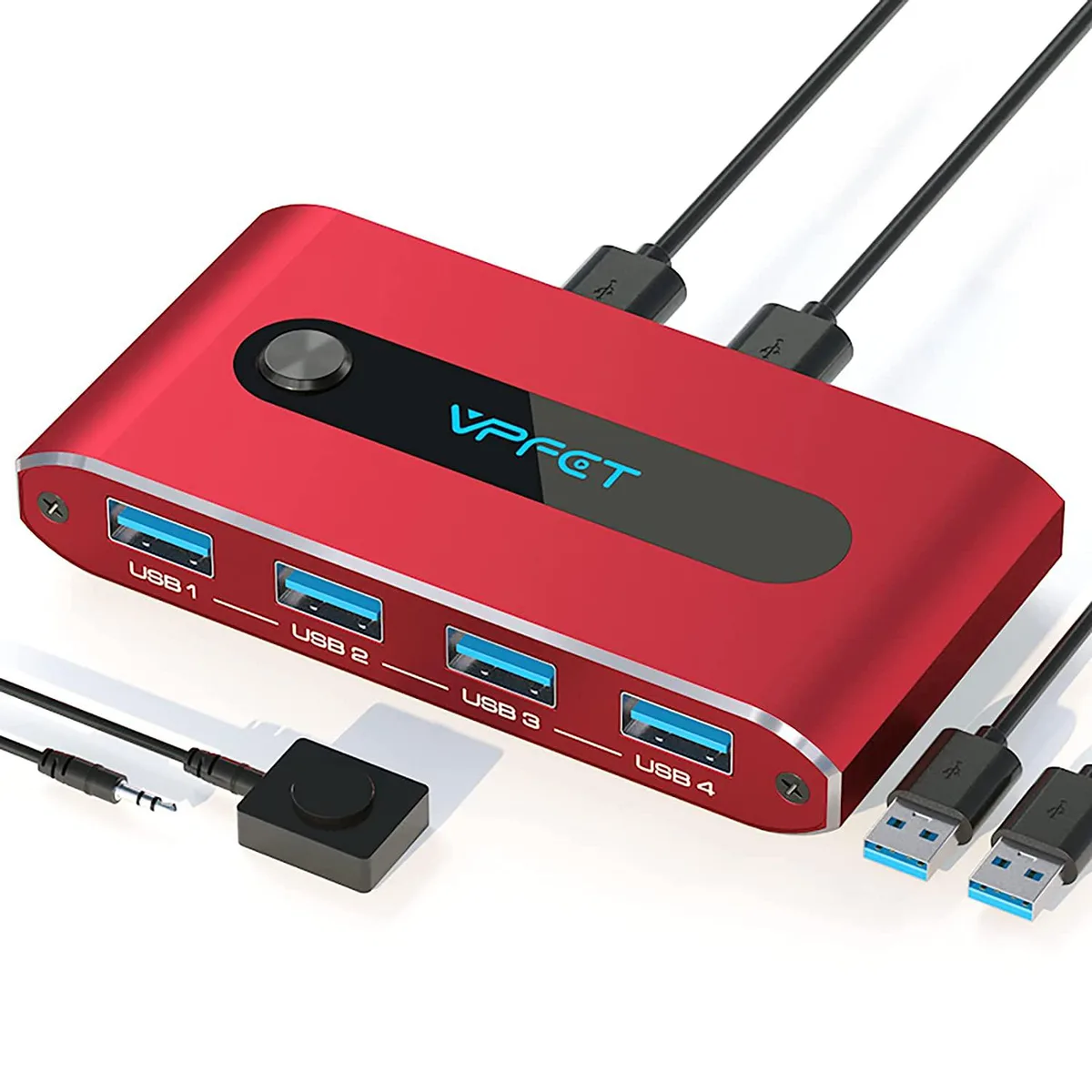 Compact silver metal box with front buttons and multiple USB ports