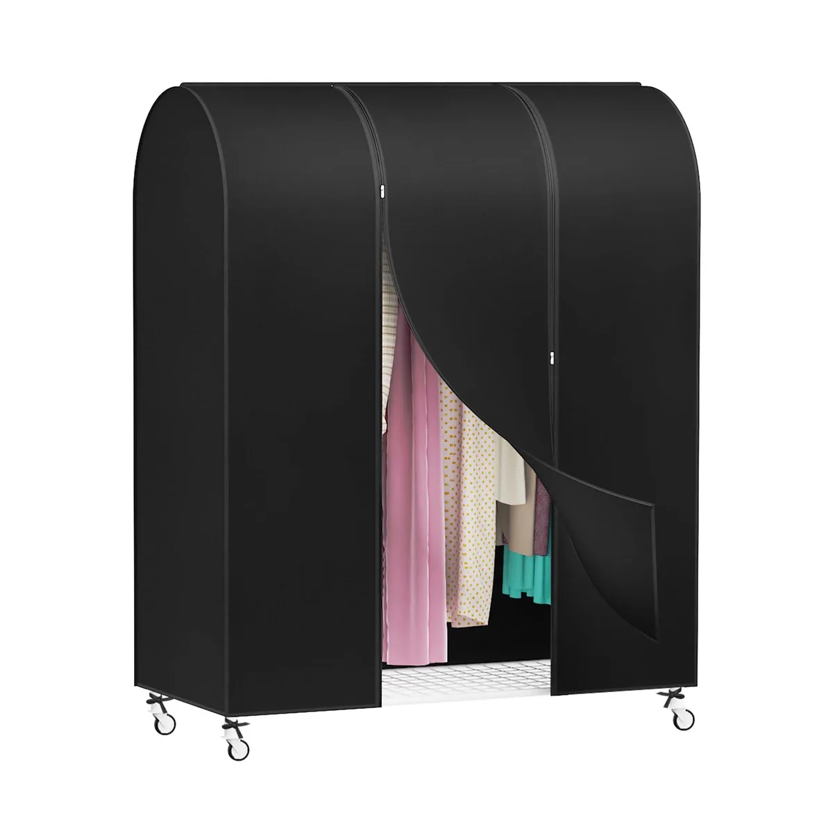 Black fabric garment rack cover with dual front zippers and bottom ties, 50 inches wide