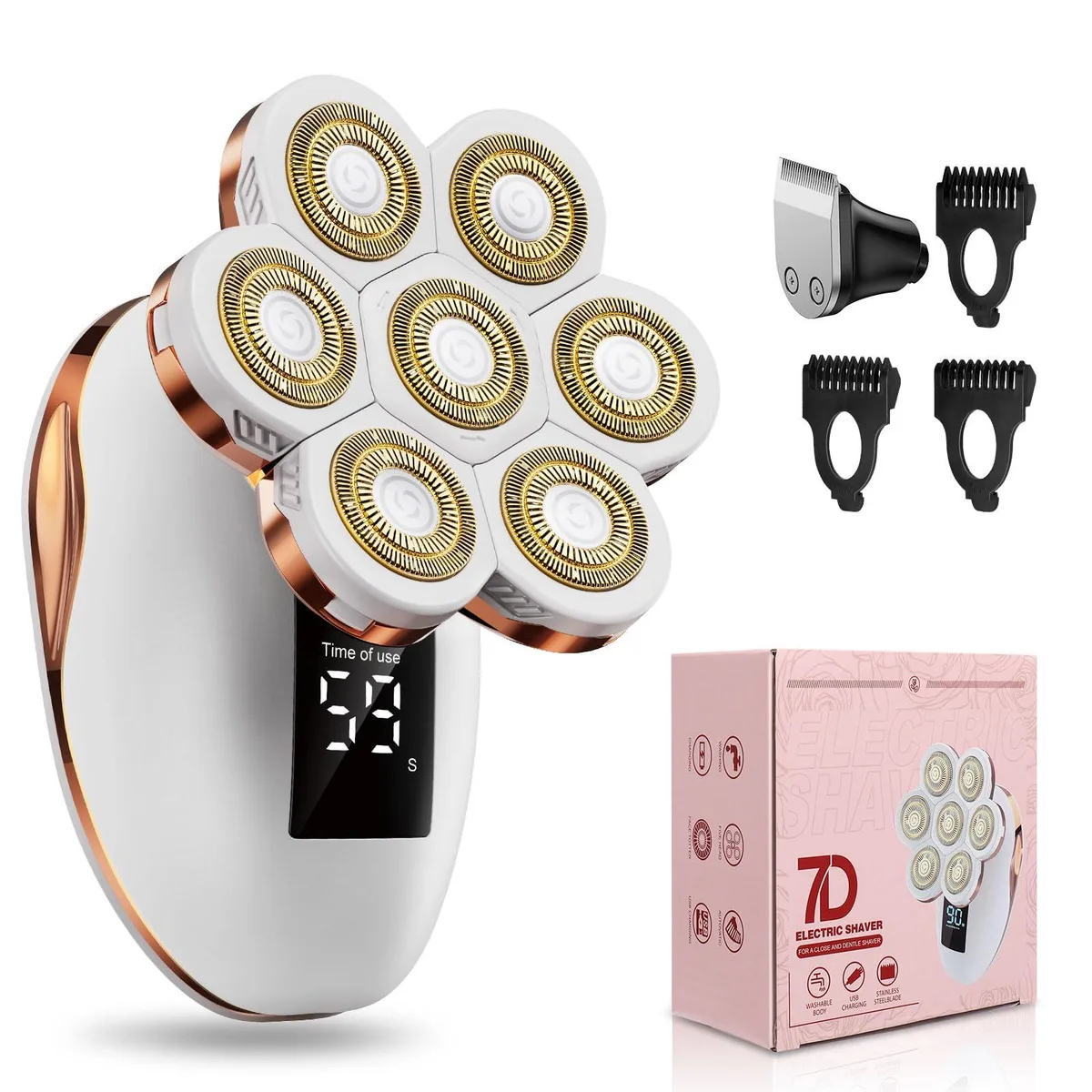 White rotary shaver with flexible heads and trimmer attachment