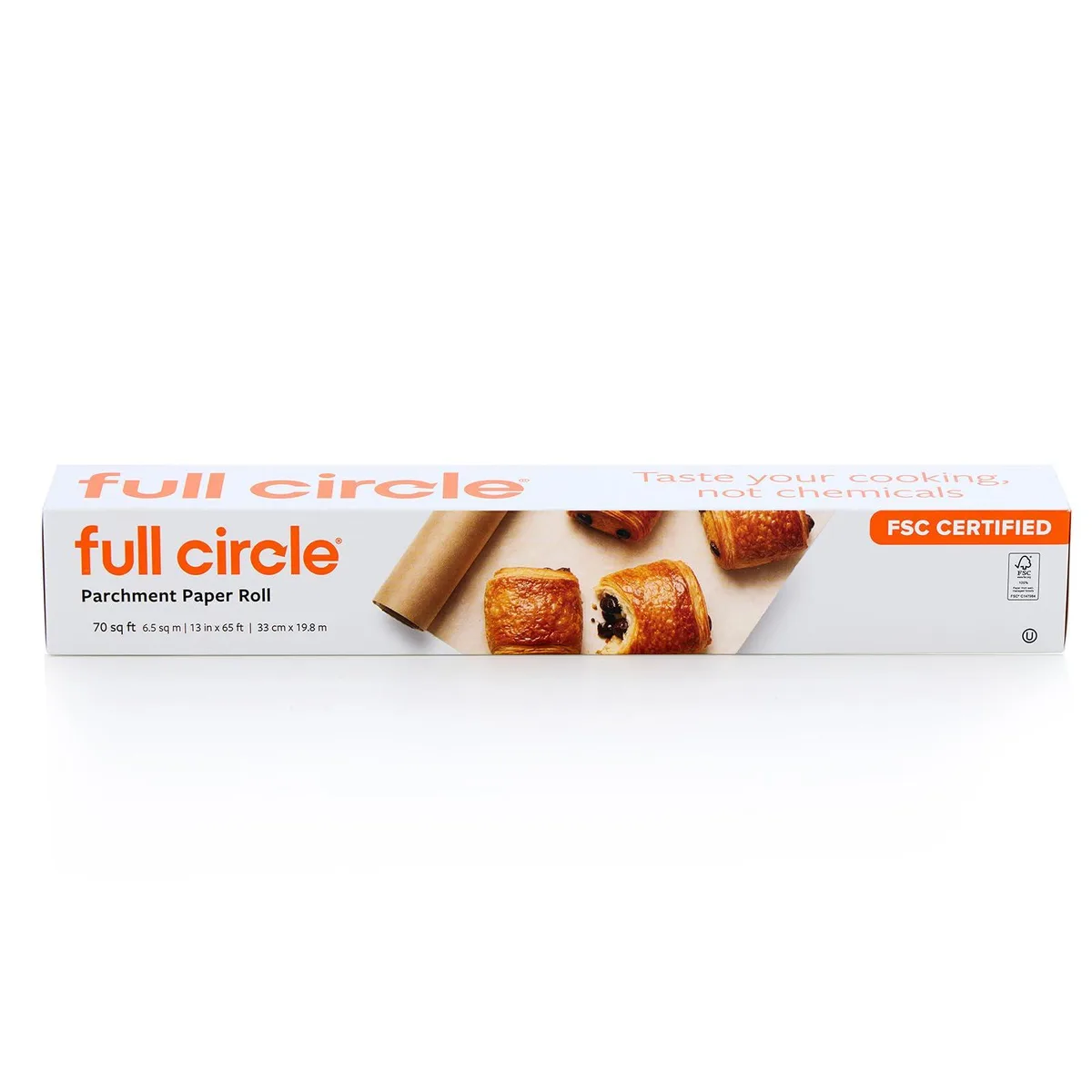 Brown unbleached parchment paper roll in cardboard box