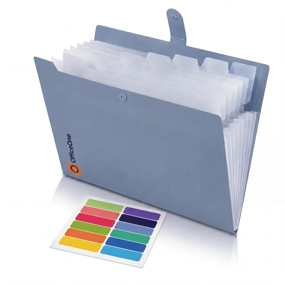 Slate blue polypropylene expanding folder with eight pockets and snap closure