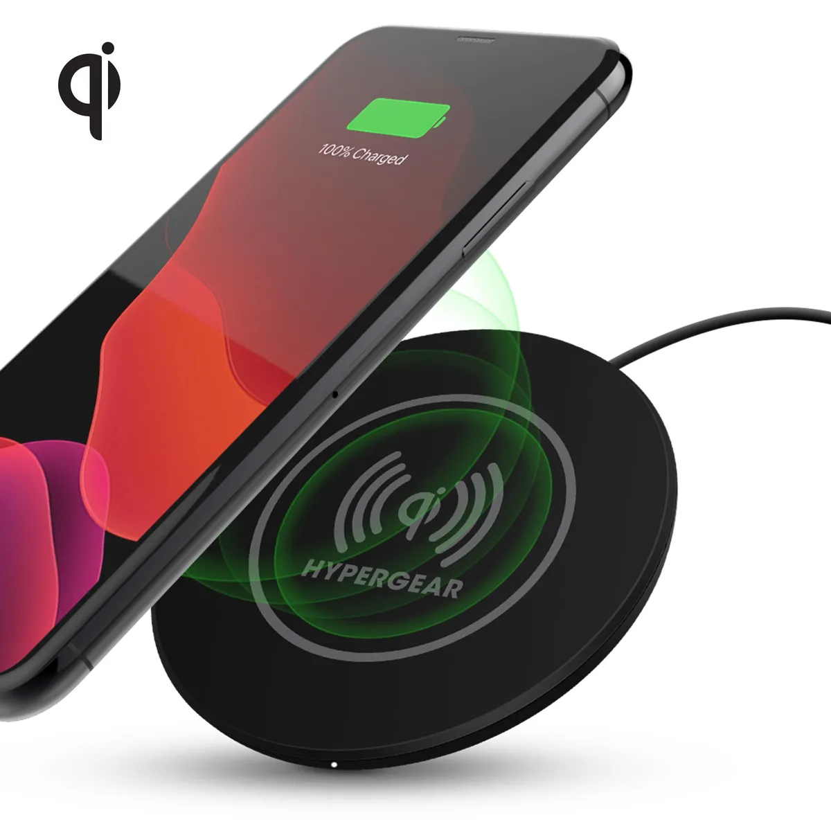 Black circular wireless charging pad with 3 ft micro-USB cable