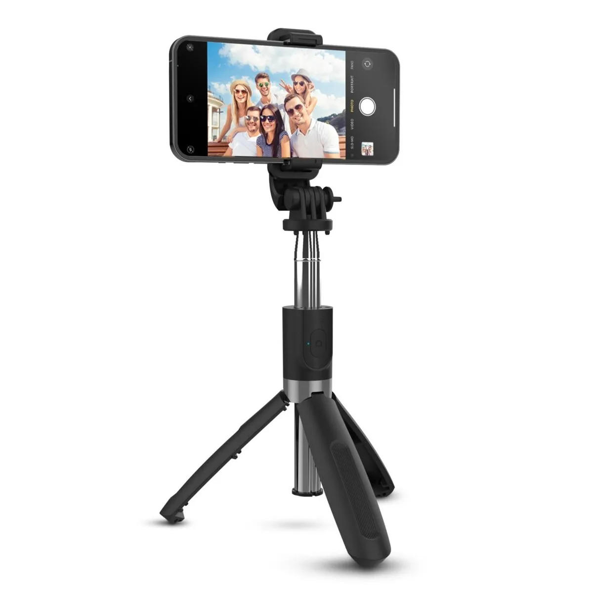 Black telescopic selfie stick with fold-out tripod legs, rotating phone clamp and detachable remote