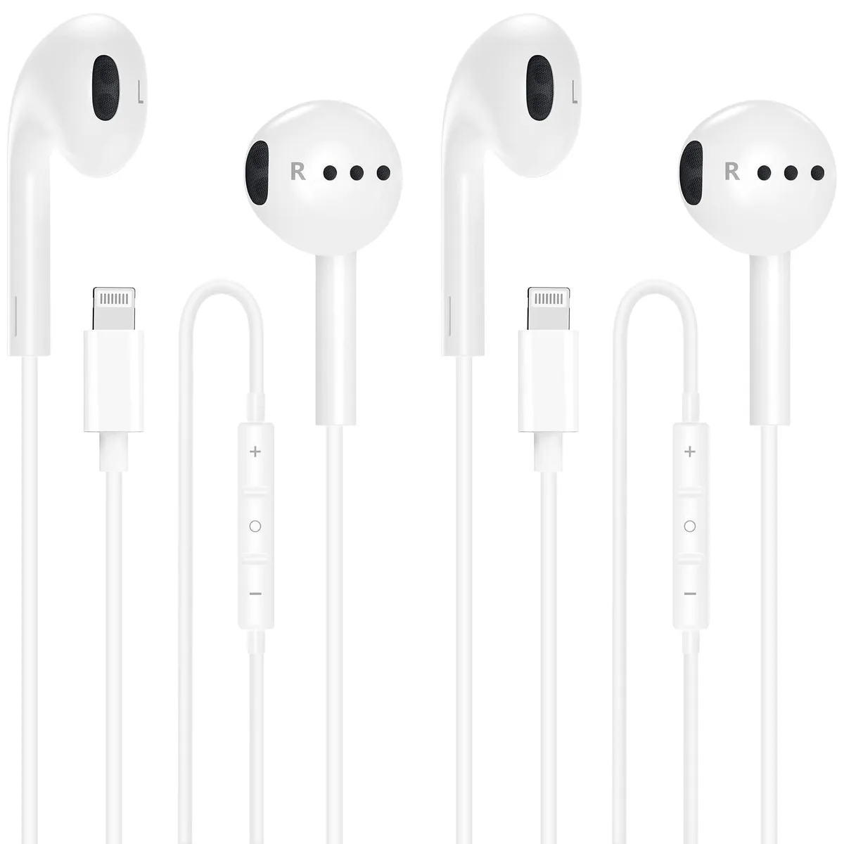 Two light pink wired in-ear earbuds with Lightning connectors