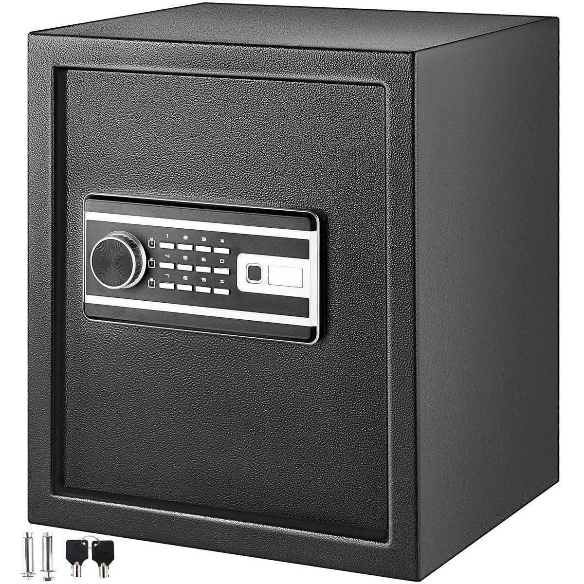 Black steel safe box with fingerprint sensor and digital keypad on front door