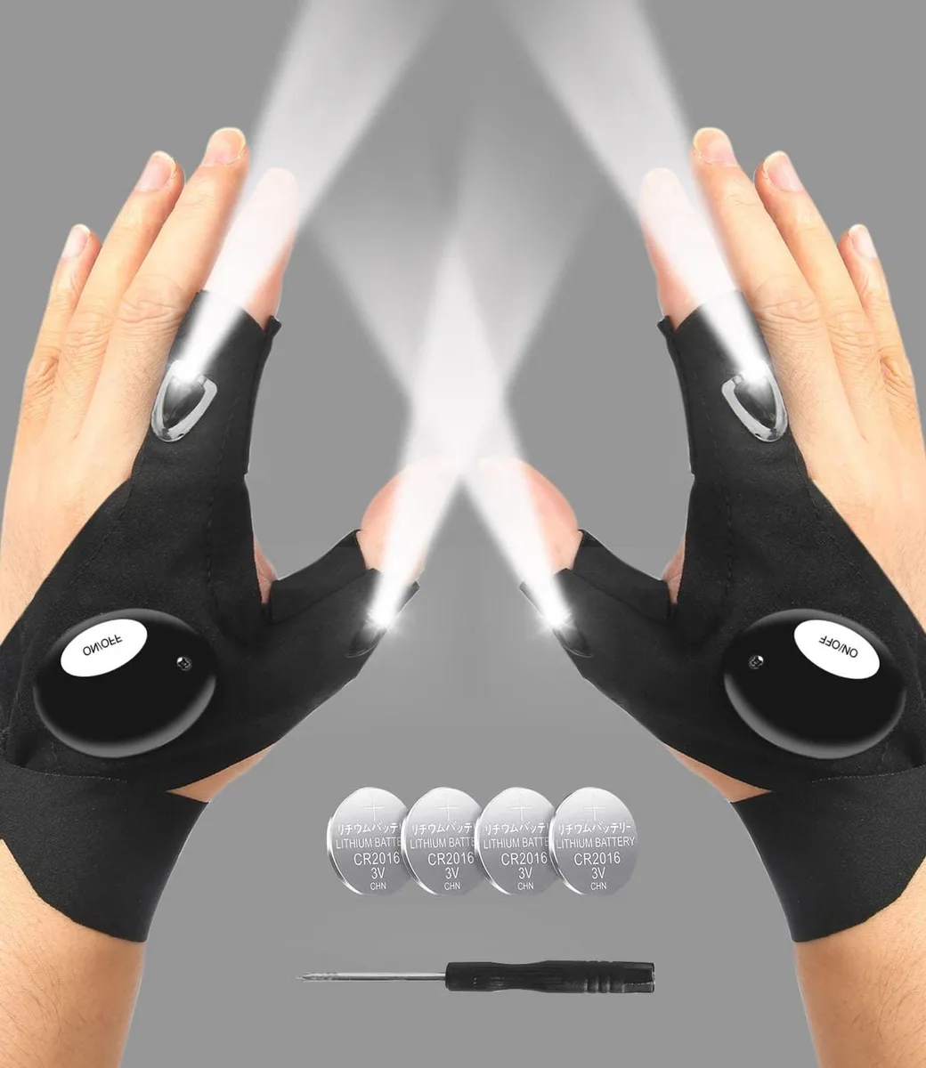 Black fabric gloves with LED lights on fingers and adjustable straps