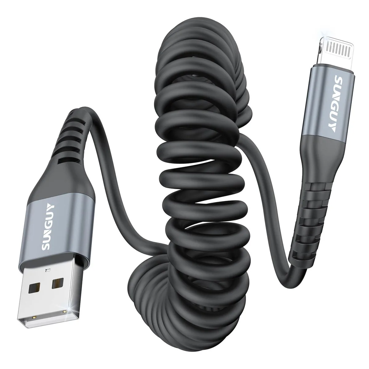  SUNGUY Coiled USB-A to Lightning Cable 2-Pack 5FT 1.3-3.3FT MFi Certified 2.4A Black — product photo