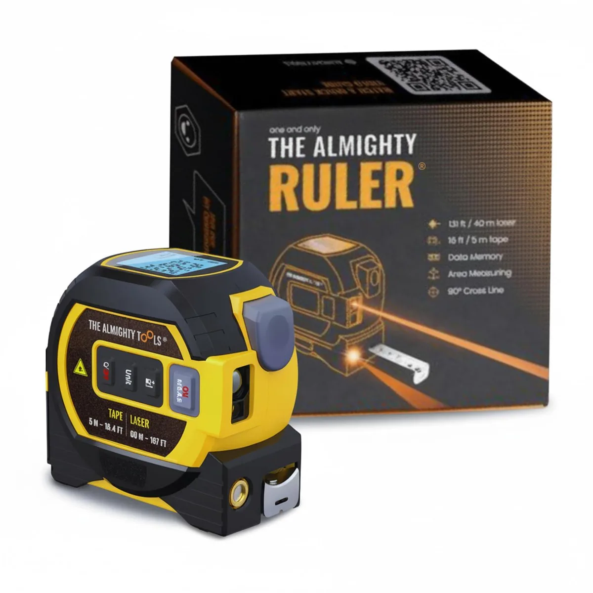 Compact laser tape measure with digital display and tape blade, matte finish