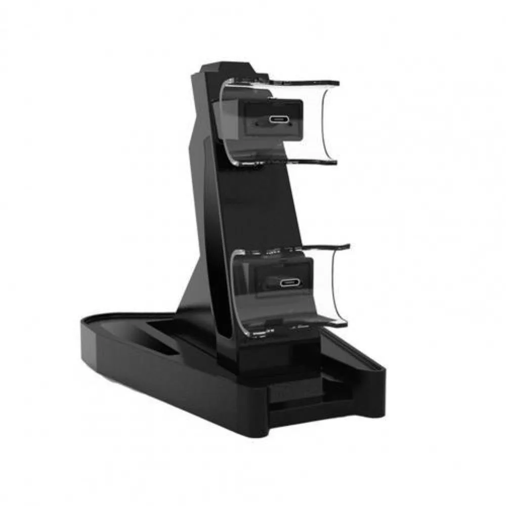 Black PS5 dual controller charging stand, compact rectangular base with two docked gamepads