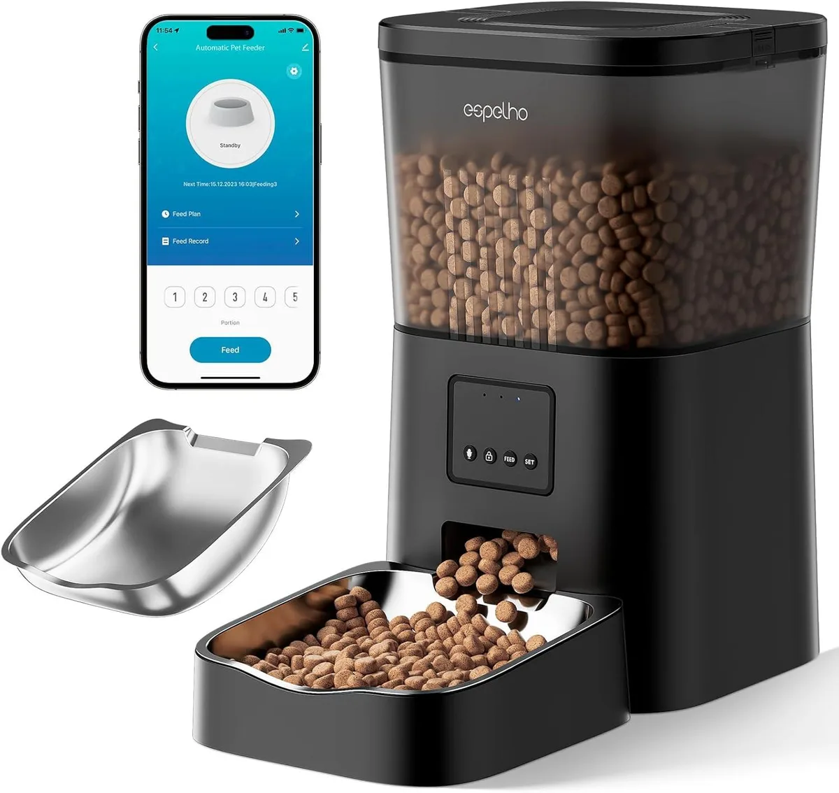 White cylindrical automatic cat feeder with 4L hopper, control panel and bowl
