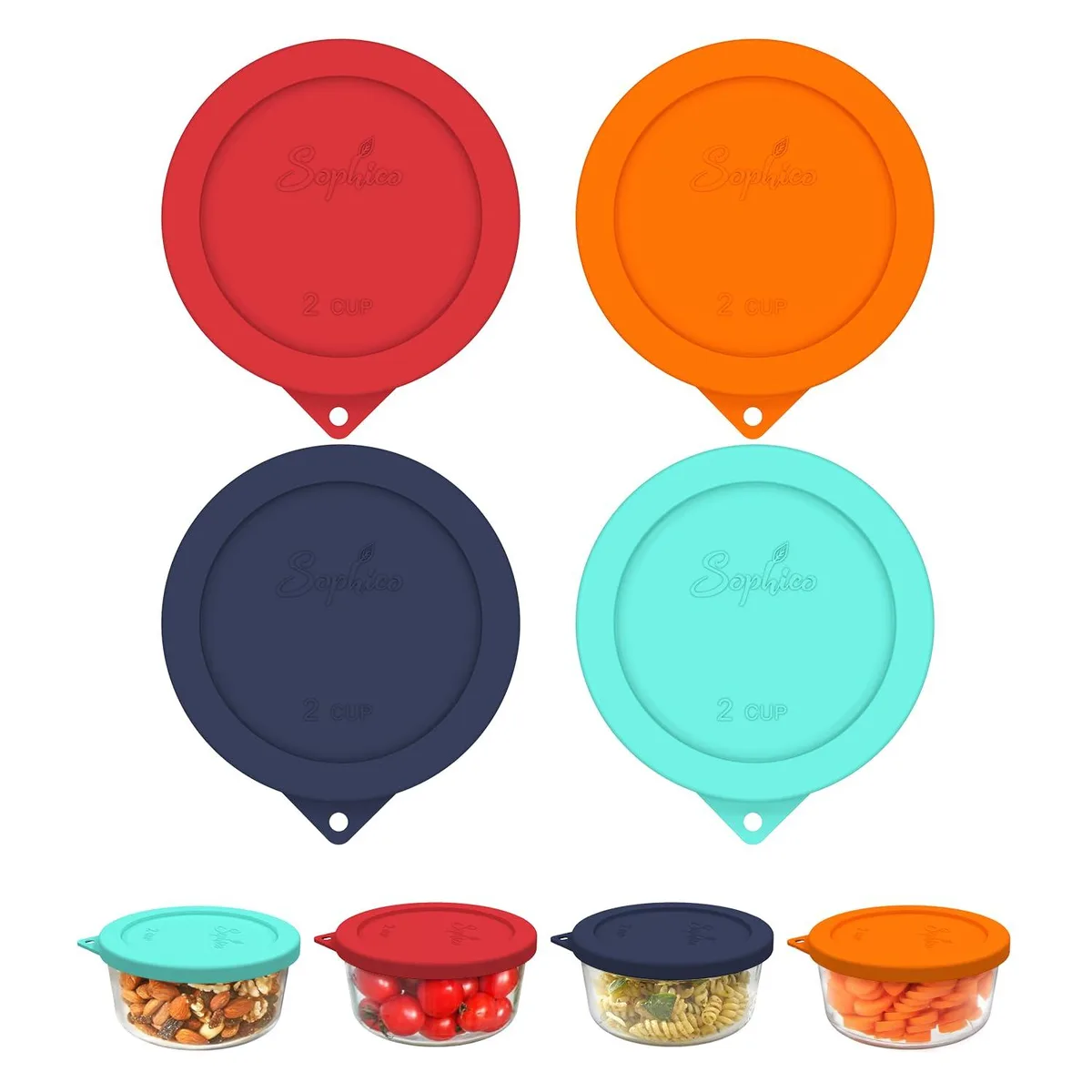 Four round silicone lids in mixed colours with hanging holes