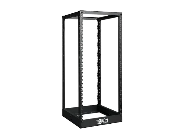 Black steel 4-post open frame rack 25U height adjustable depth 22 to 36 inches