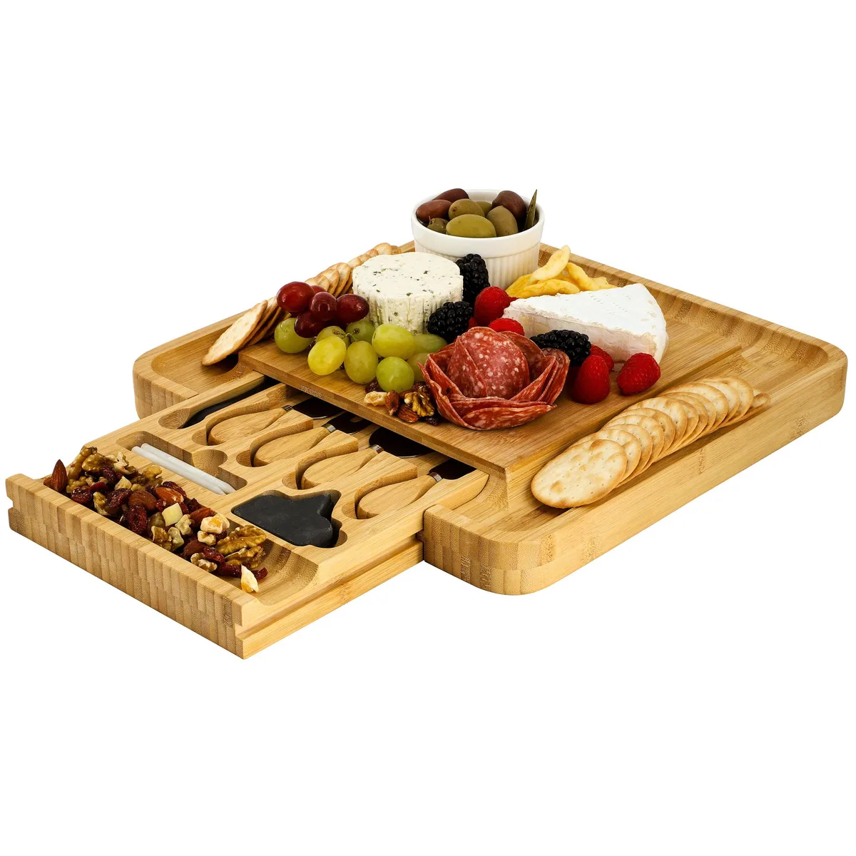 MegaChef MegaChef Bamboo Charcuterie Board with Slide-Out Drawer, Utensils, Opener &amp; 3 Chalkboards — product photo