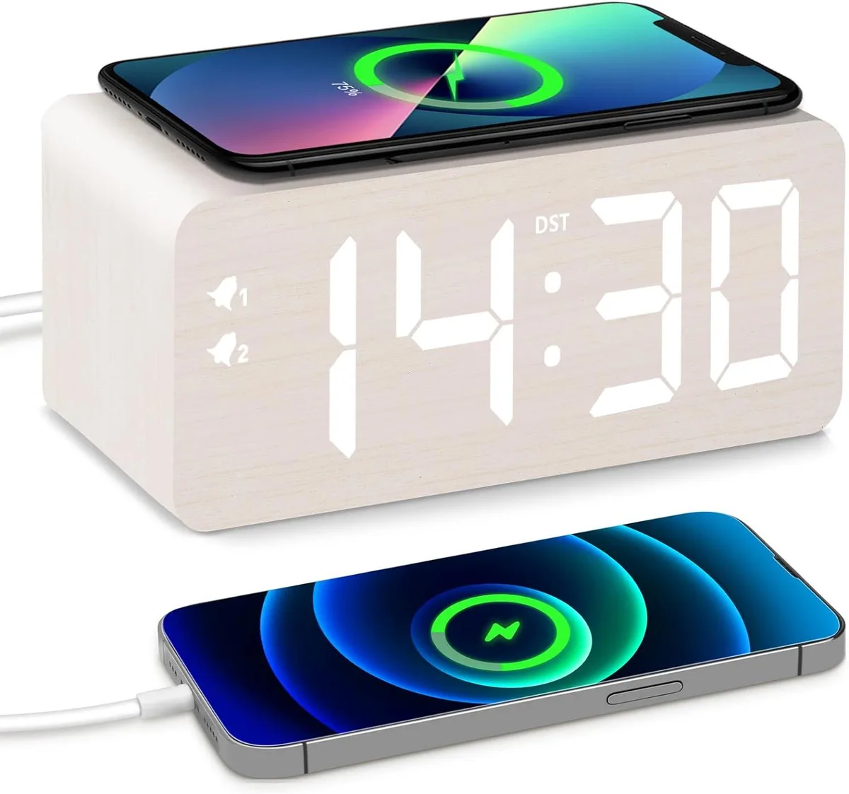 PISKEKAT PISKEKAT Wooden Digital Alarm Clock 10W Wireless Charger 2 USB Ports 0-99% Dimmer — product photo