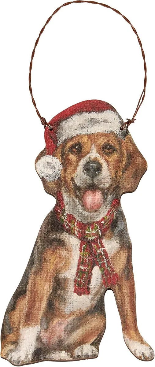 Primitives By Kathy Primitives By Kathy Beagle Santa Hat Scarf Wooden Ornament 5.25 x .25 — product photo