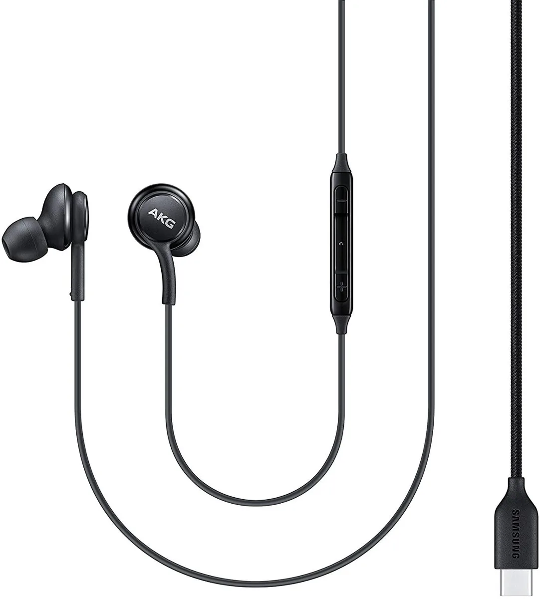 Black USB-C in-ear headphones with fabric cable and inline remote
