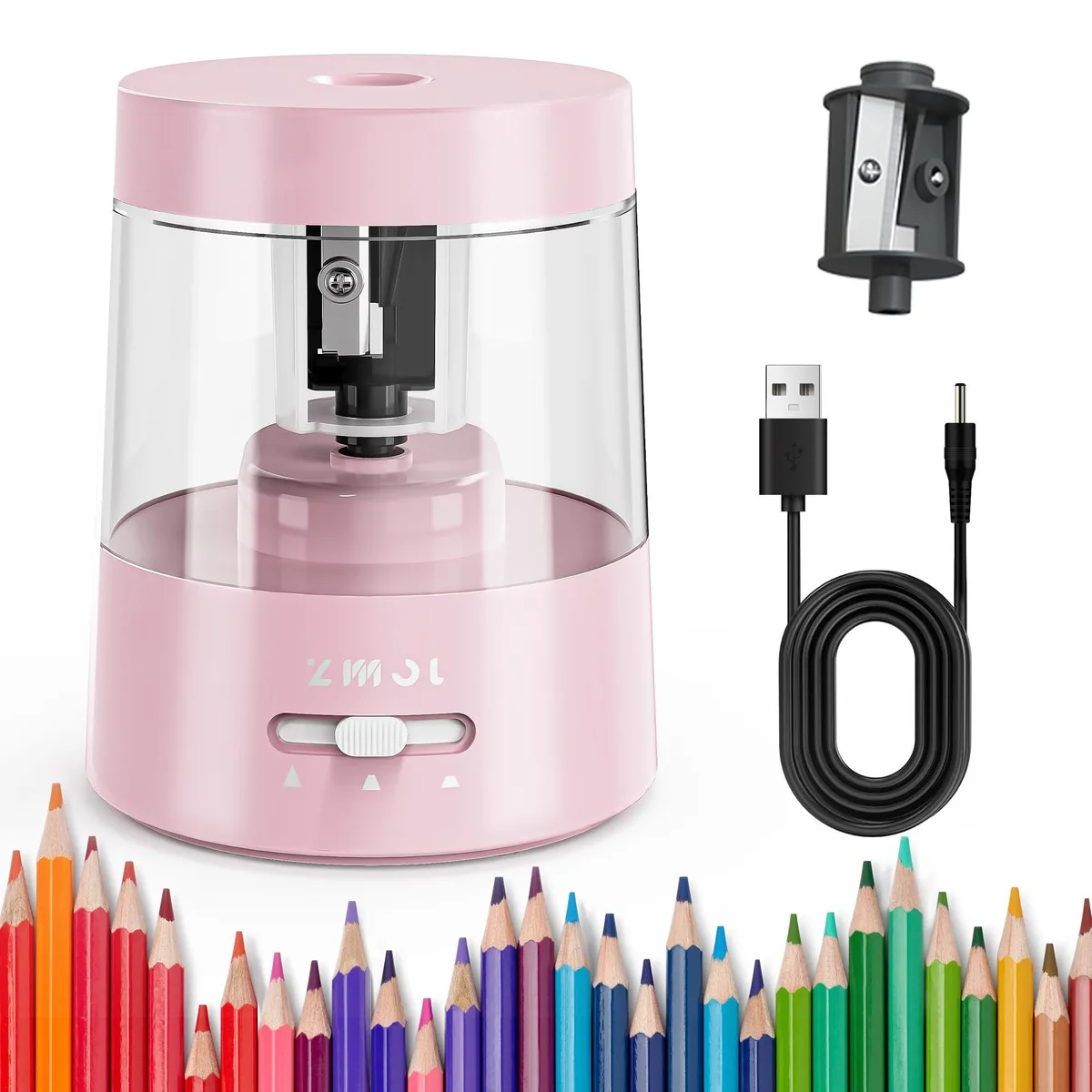 Pink ABS electric pencil sharpener, compact coffee-cup size, USB or AA battery powered