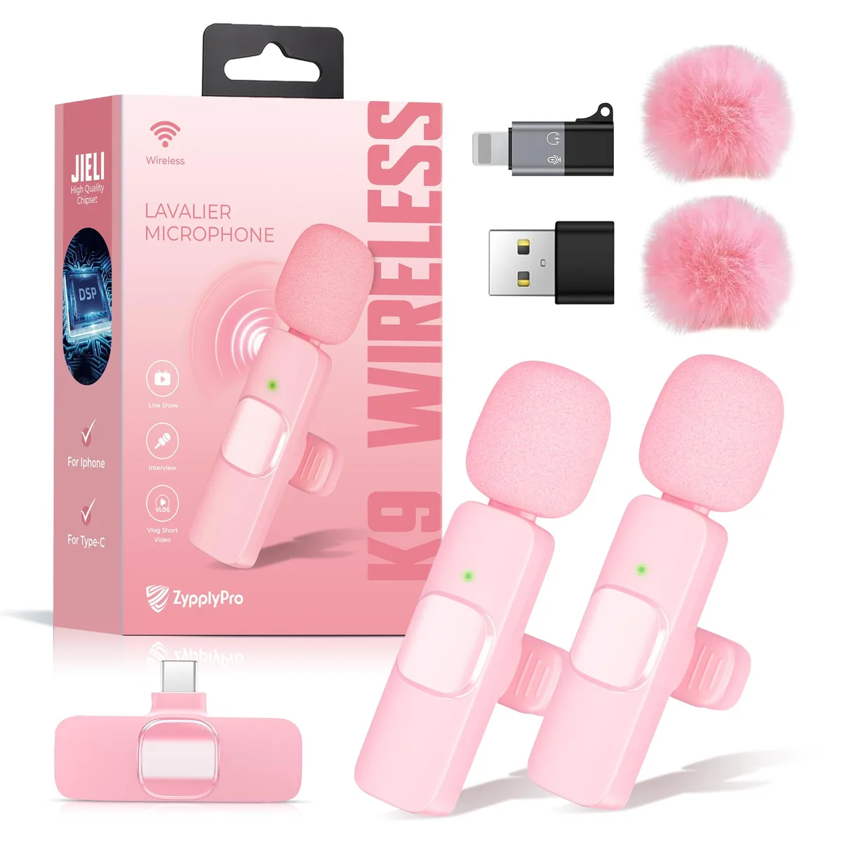 ZypplyPro K9 Wireless Lavalier Microphone 2-Pack USB-C Pink — product photo