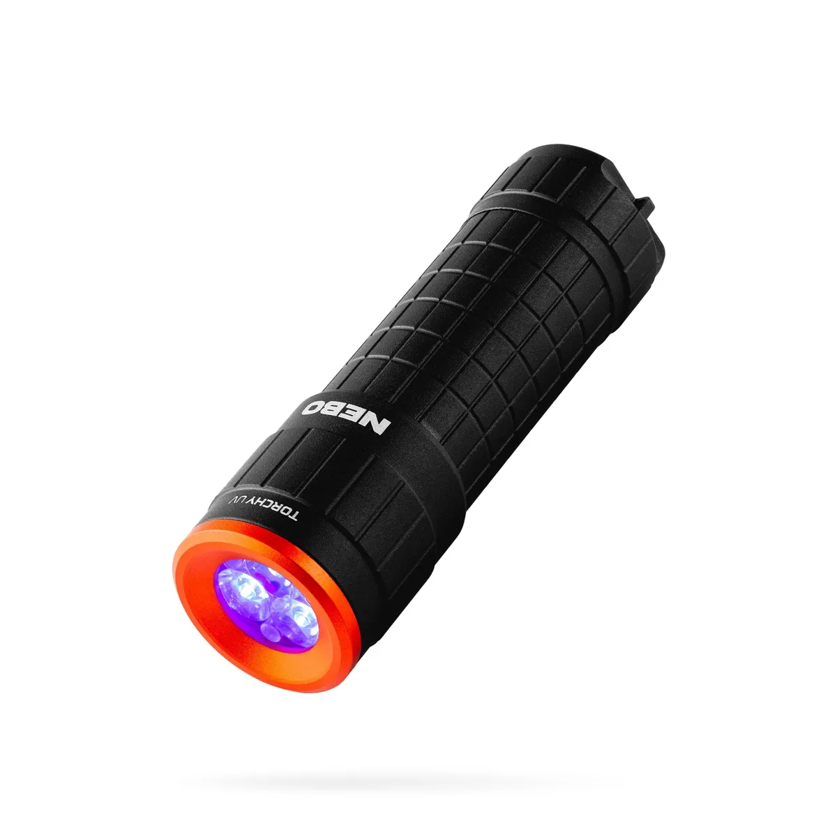 Gray rectangular UV flashlight with anodized finish, handheld, two LED light sources