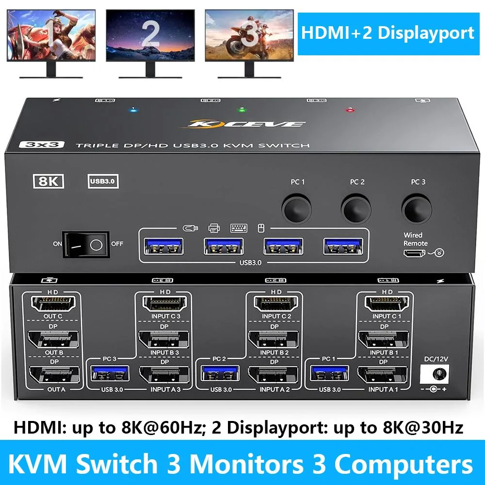 IHDAPP IHDAPP KVM Switch 3 Monitors 3 Computers HDMI + 2 DP 8K@60Hz 4K@144Hz USB 3.0 — product photo