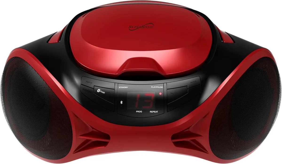 SUPERSONIC SUPERSONIC SC-726BT RED Boombox CD Bluetooth AM/FM Radio Red — product photo