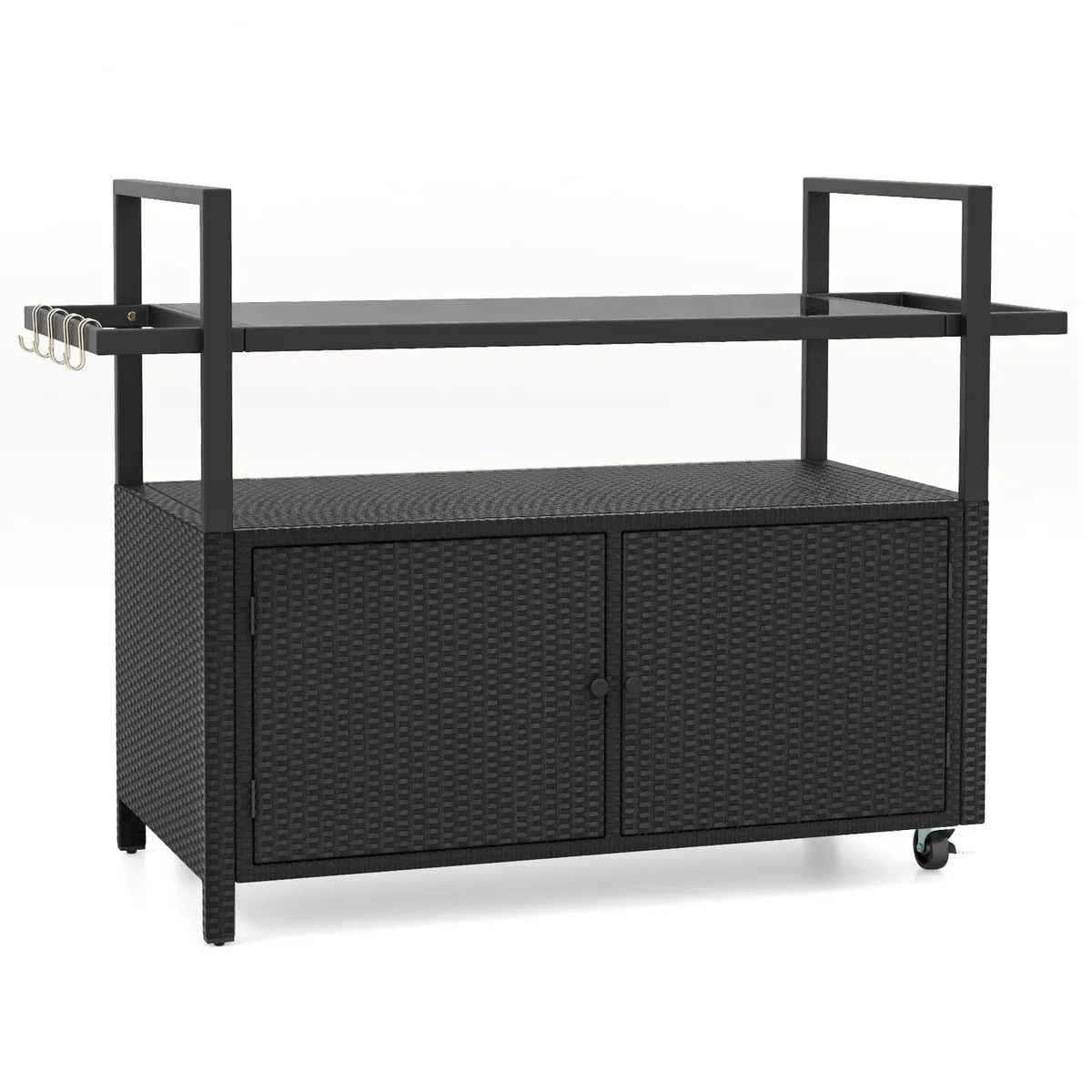 SlickBlue SlickBlue Outdoor Bar Cart Wicker Buffet Serving Cart with Cabinet and 8 Hooks Black — product photo