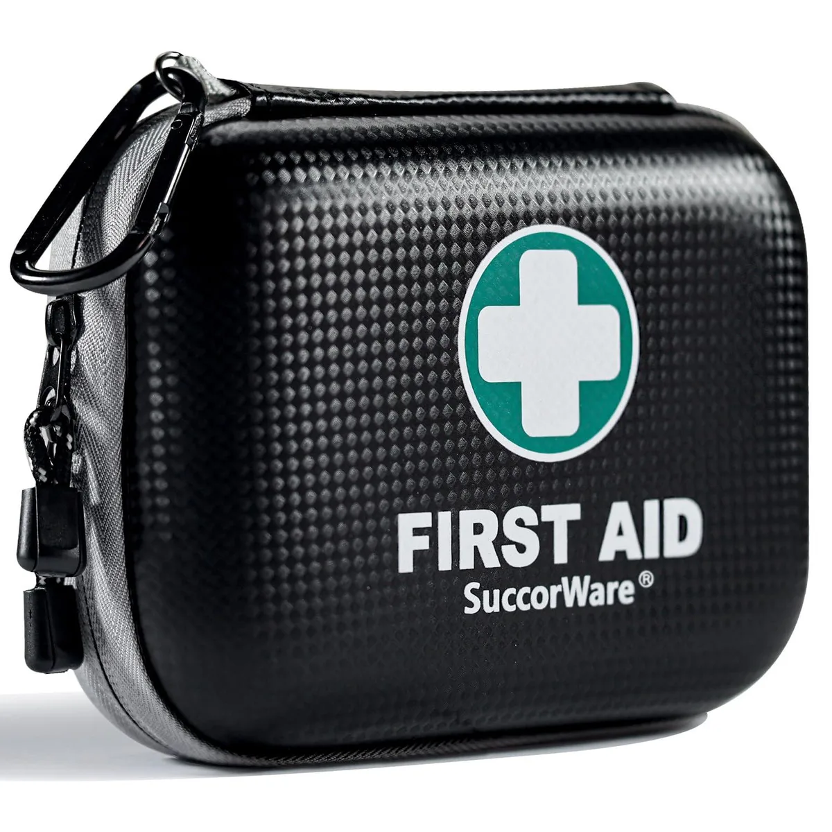 Black hard-shell first aid case, compact rectangular shape with double zippers and buckle