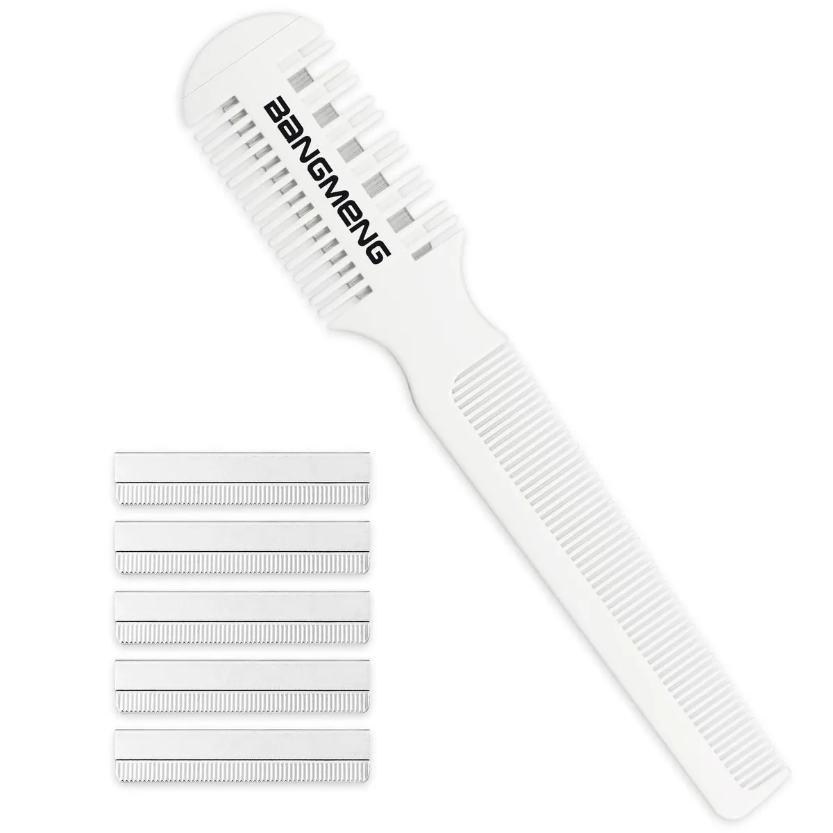 White plastic hair razor comb with double-edge blades and safety guard