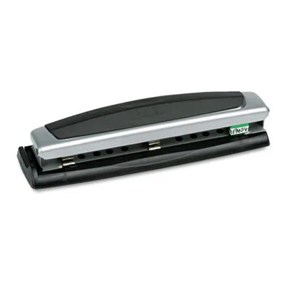 Black and silver desktop hole puncher with paper guide and chip tray
