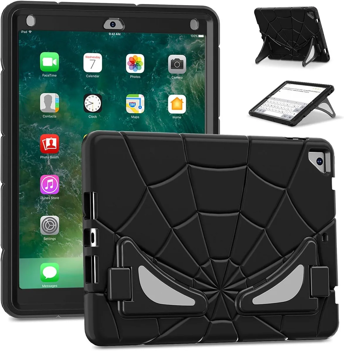 Black rugged iPad case with spider-web texture and dual kickstands