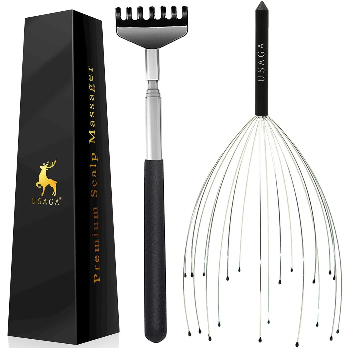 Black metal head massager with 20 spring prongs, extendable handle