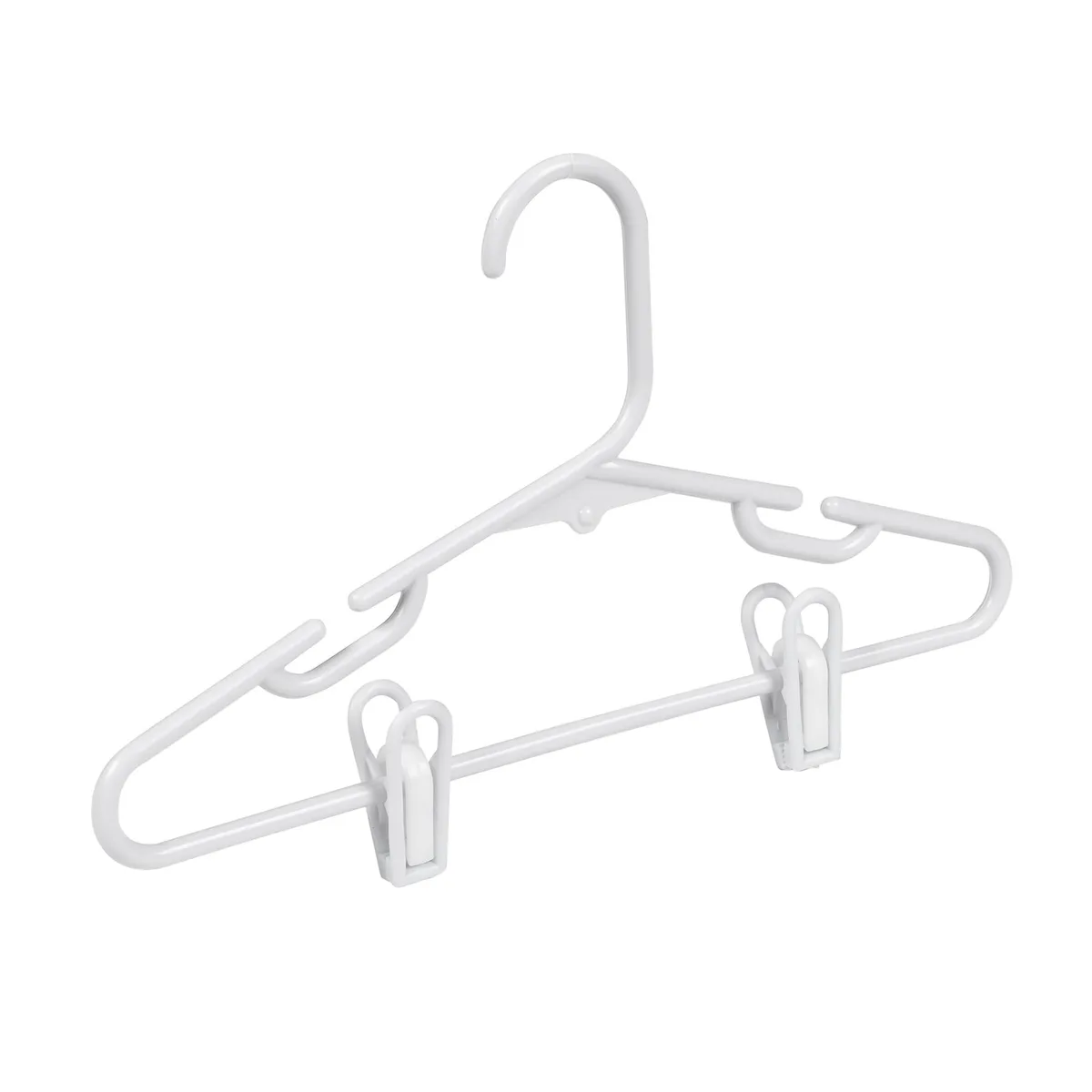 Eighteen slim white plastic hangers with adjustable clips