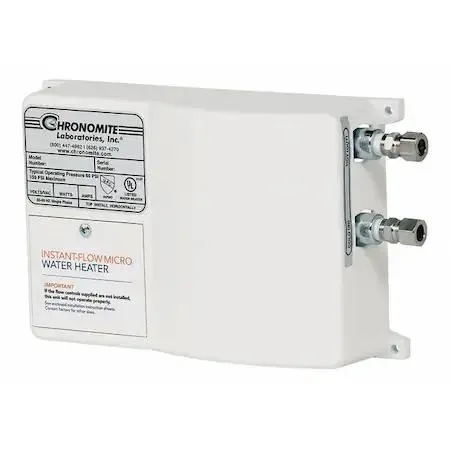 Compact white rectangular electric tankless water heater with front-mounted controls and compression inlet