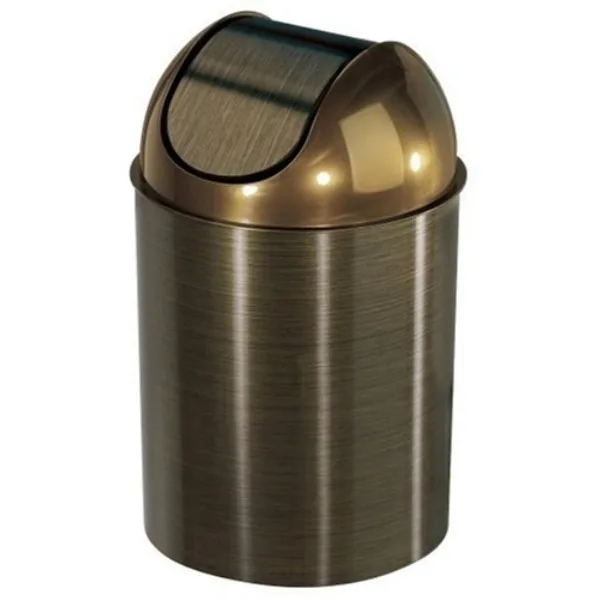 Bronze swing-top waste can with brushed metal finish, 14 inches tall, 2.5 gallon capacity
