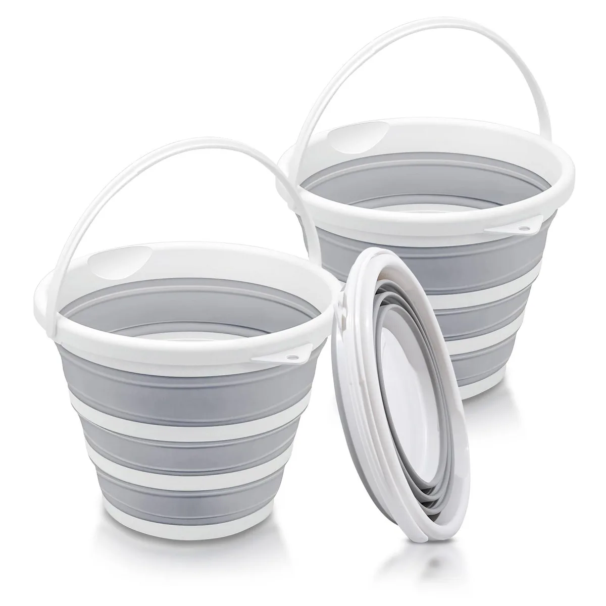 Two collapsible grey-white buckets with handles, folded flat