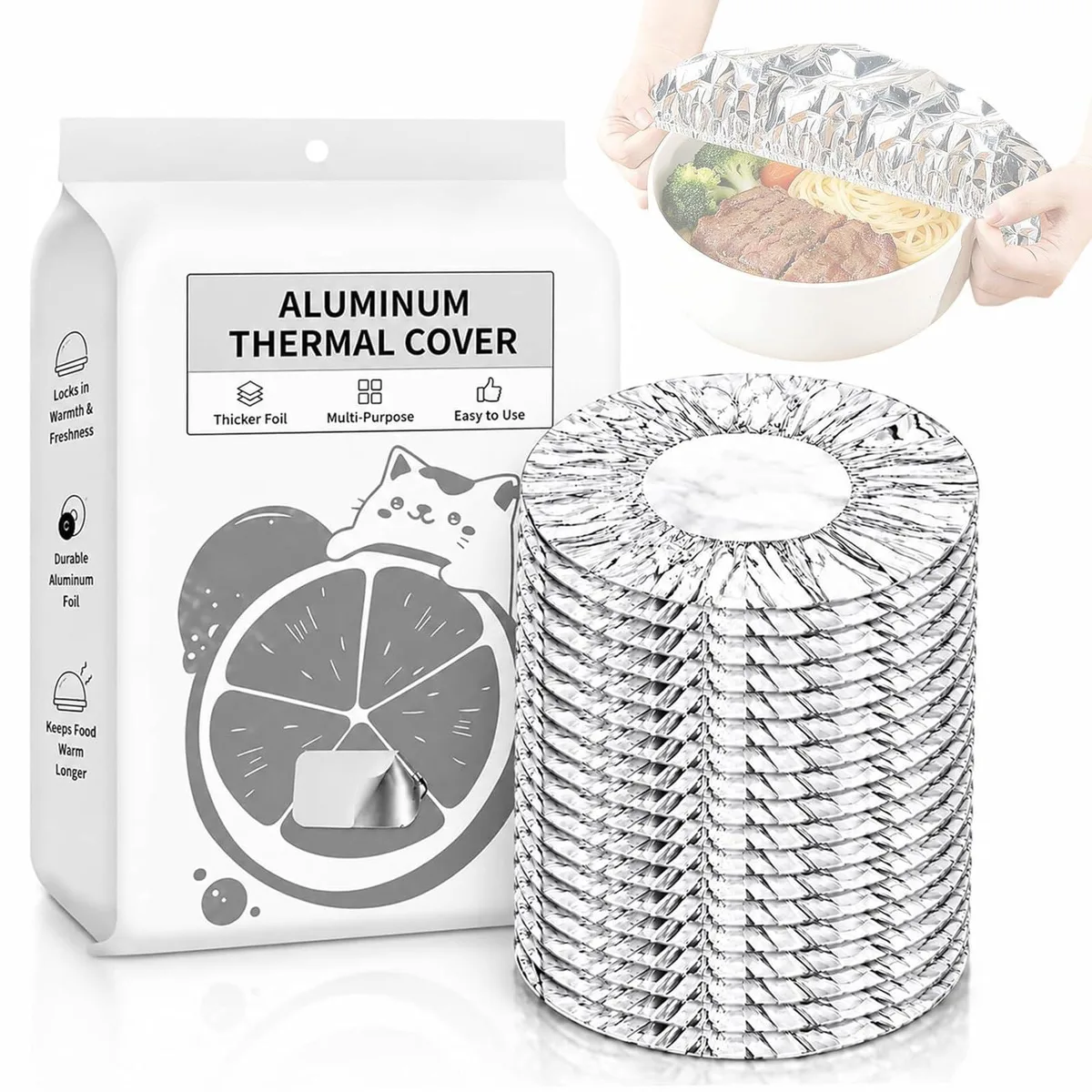 Stack of thin silver aluminum foil covers, 14 inch square, 60 pack