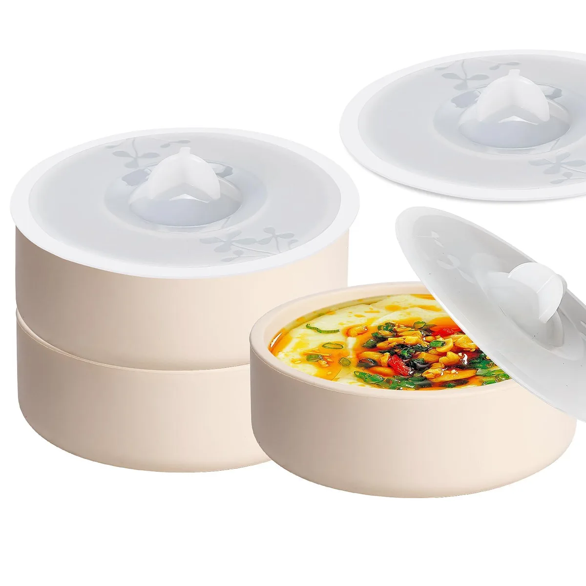 Three white silicone egg cups with matching lids, each 4 inches wide and 1.3 inches deep