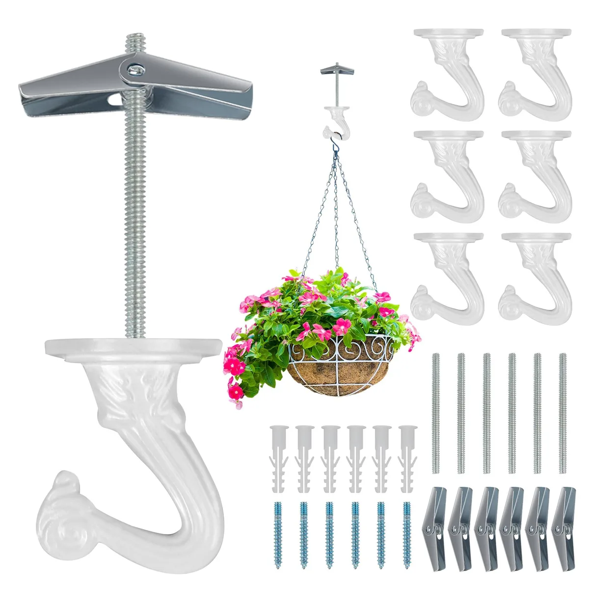 Six metal ceiling hooks with screws and toggle brackets
