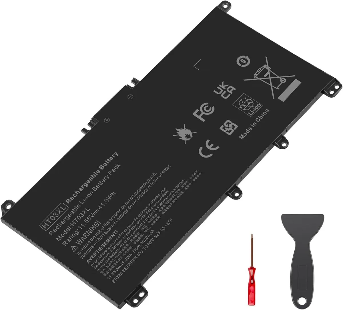 Rectangular black lithium-ion laptop battery with connector and screw holes