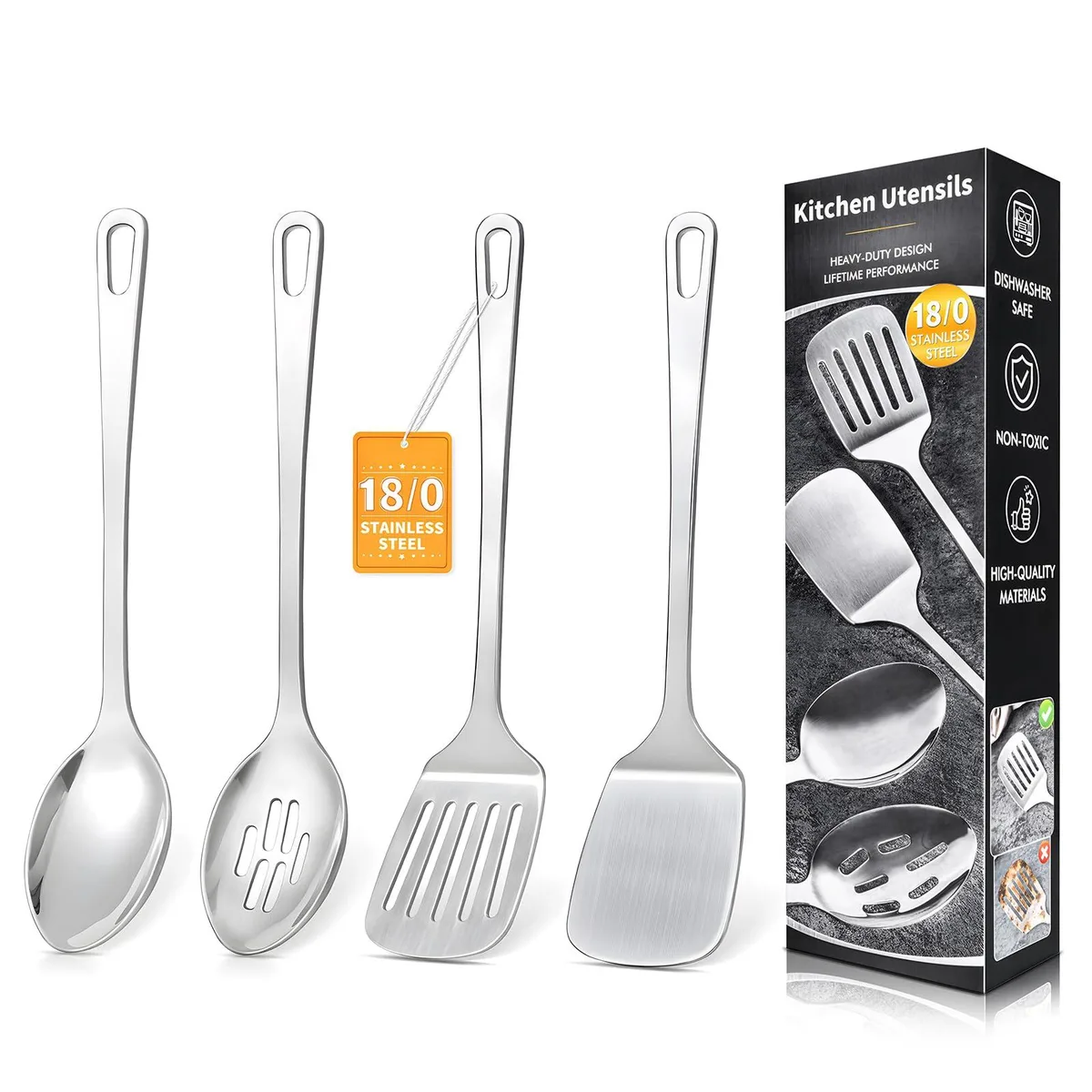 Four stainless steel cooking utensils with ergonomic handles