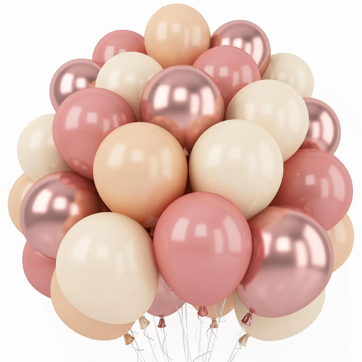Pack of sixty uninflated dusty pink metallic latex balloons with two ribbons