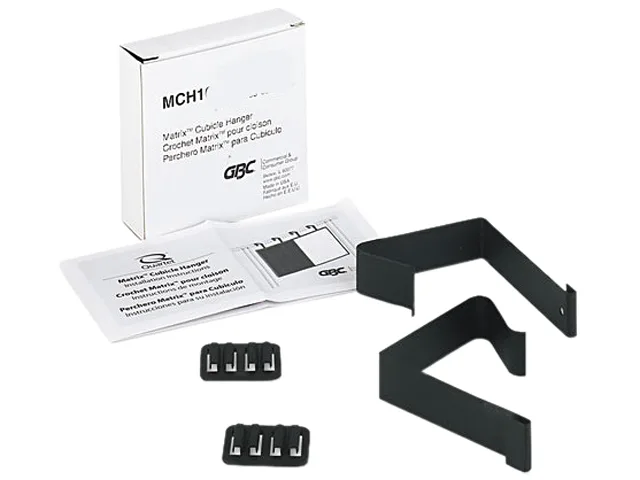 Two black cubicle partition hangers with curved hooks
