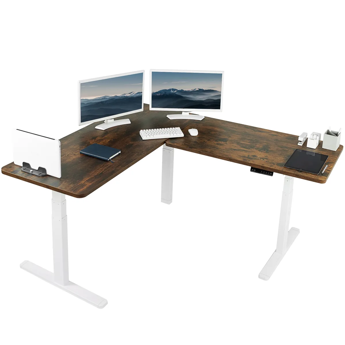 VIVO VIVO Electric L-Shape Corner Desk 67" x 60" Vintage Brown/White — product photo