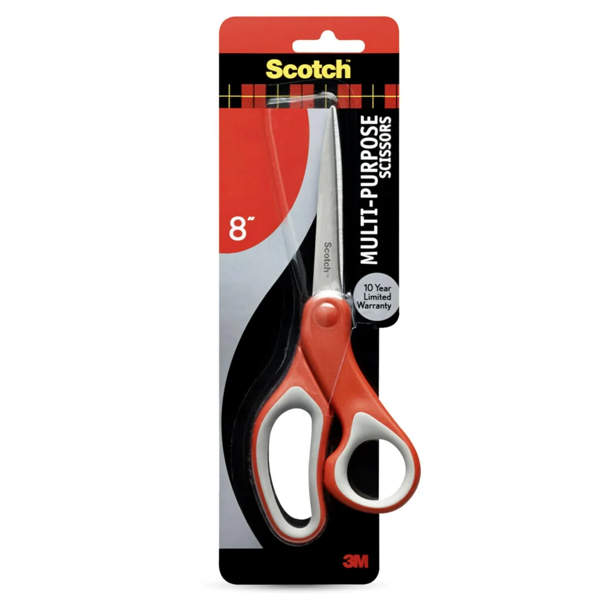 Eight inch stainless steel scissors with red and grey comfort grip handles