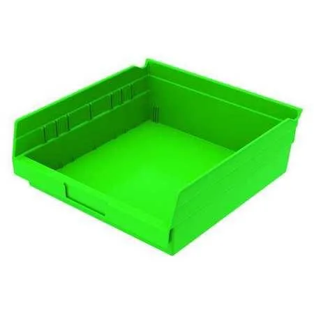 Green industrial polymer shelf bin with molded label area