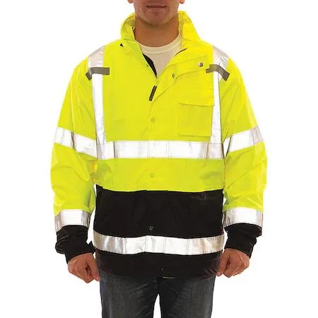 TINGLEY high visibility jacket green yellow with reflective stripes packable hood zipper front M size