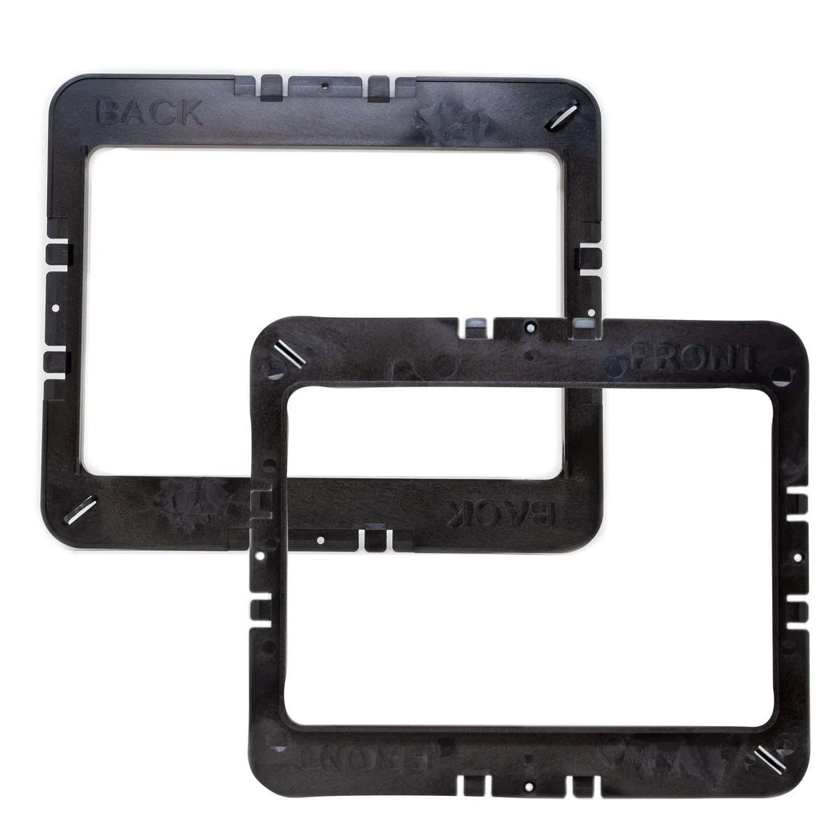Pair of black 6.5 in-wall speaker brackets with aluminum wings