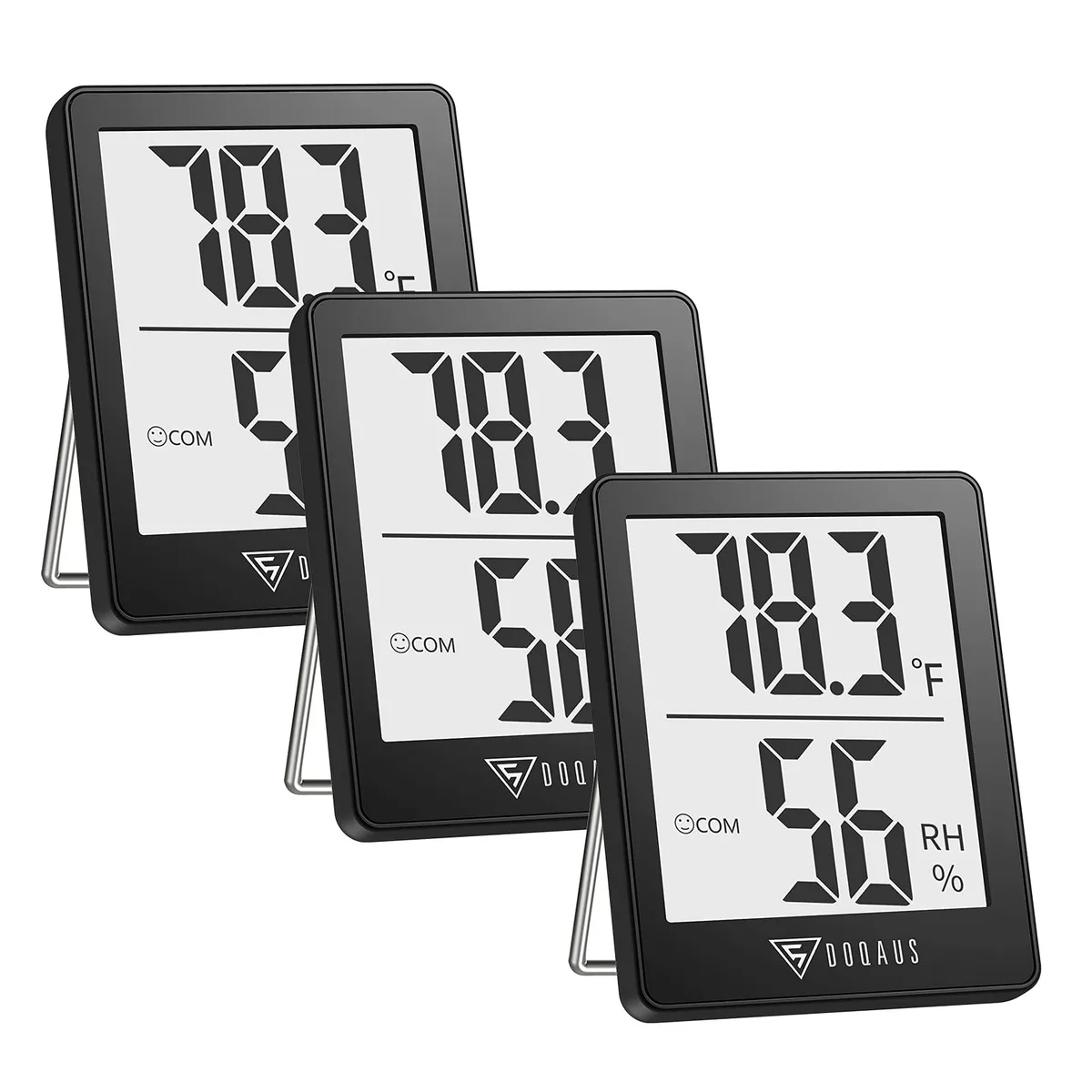 Three yellow digital thermometers with 2.3in displays and tabletop stands