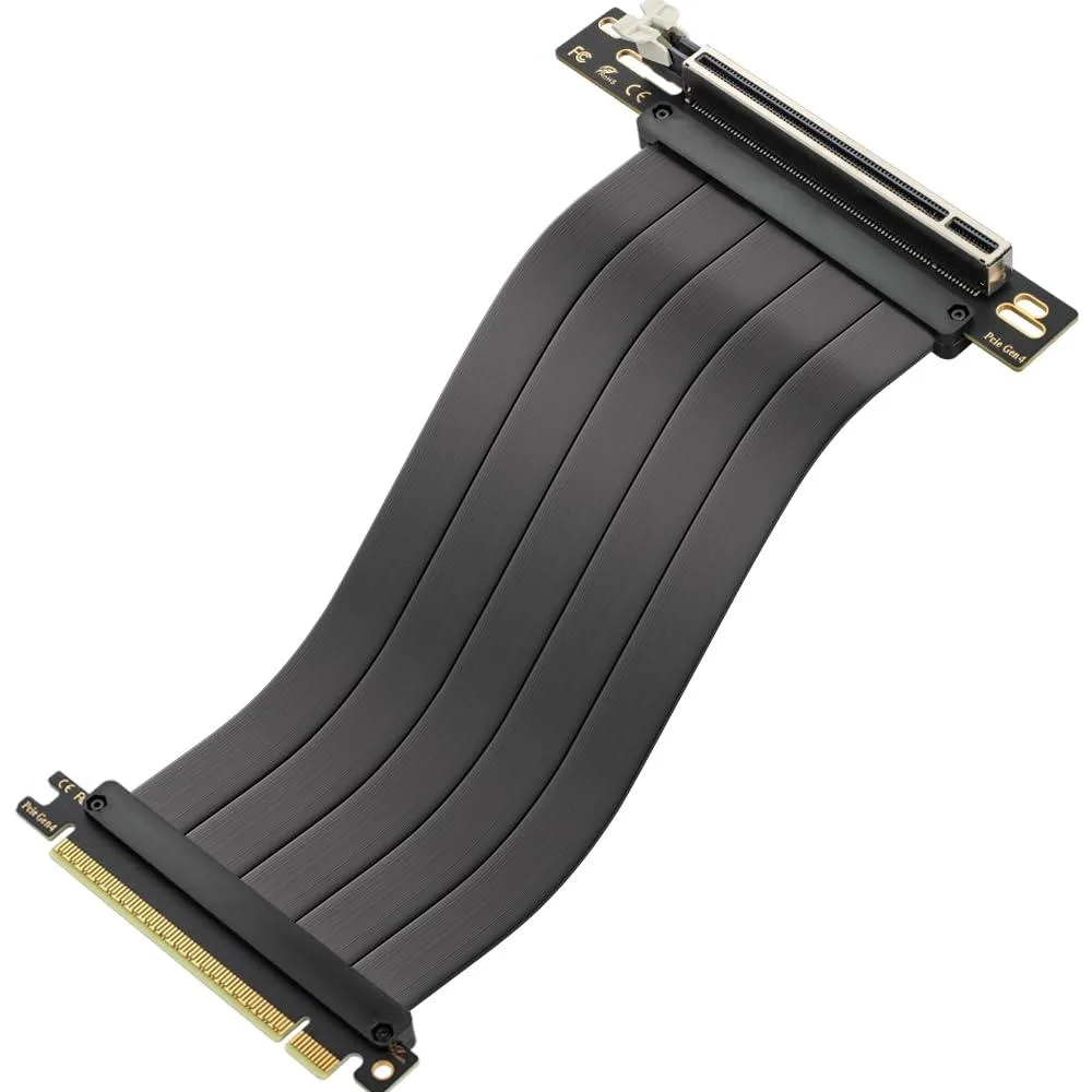 Black PCIe 4.0 riser cable with 90-degree connector, 200mm length, gold-plated pins, flexible TPE sleeve